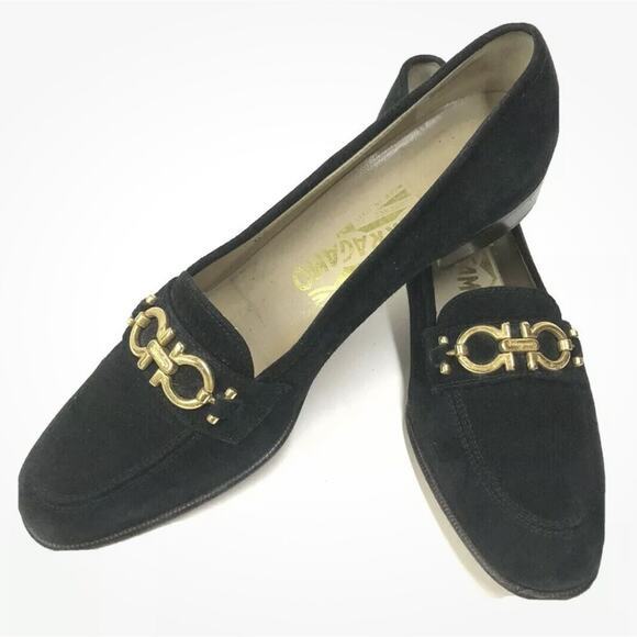 Salvatore Ferragamo Black Suede & Patent Leather Heeled Pump 7 AAA EUC Vintage - Picture 3 of 13